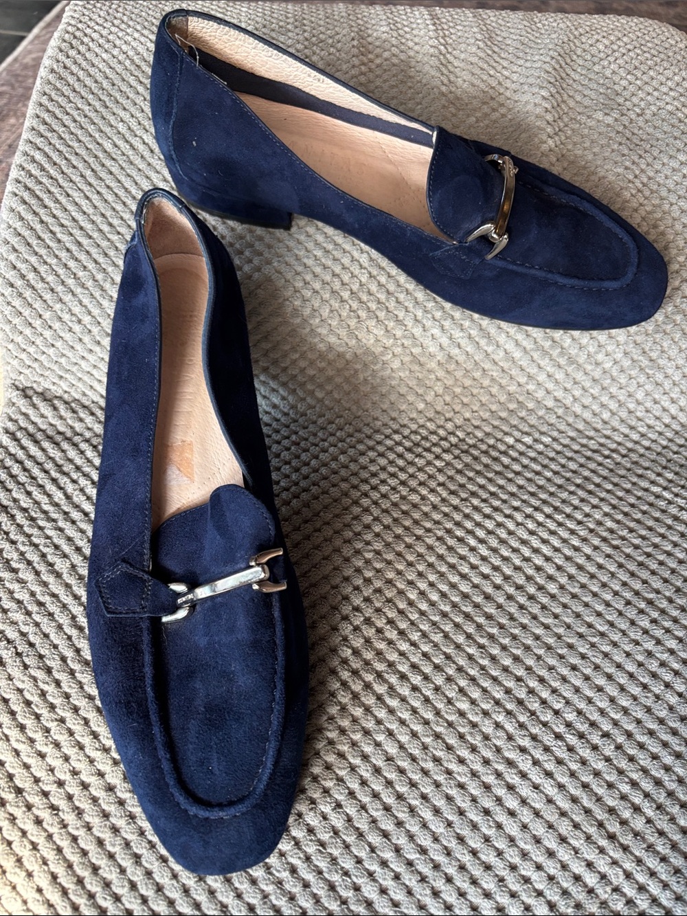Women's Navy Suede Loafers with Metallic Bit Accent